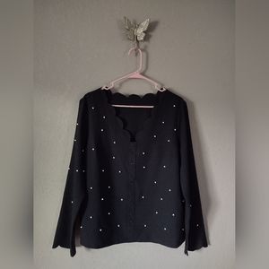 SHEIN Classy Pearl Accents Scalloped Neckline Blouse